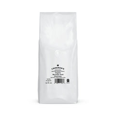 Cameron's Coffee label close-up highlighting organic Mountain Gold blend benefits