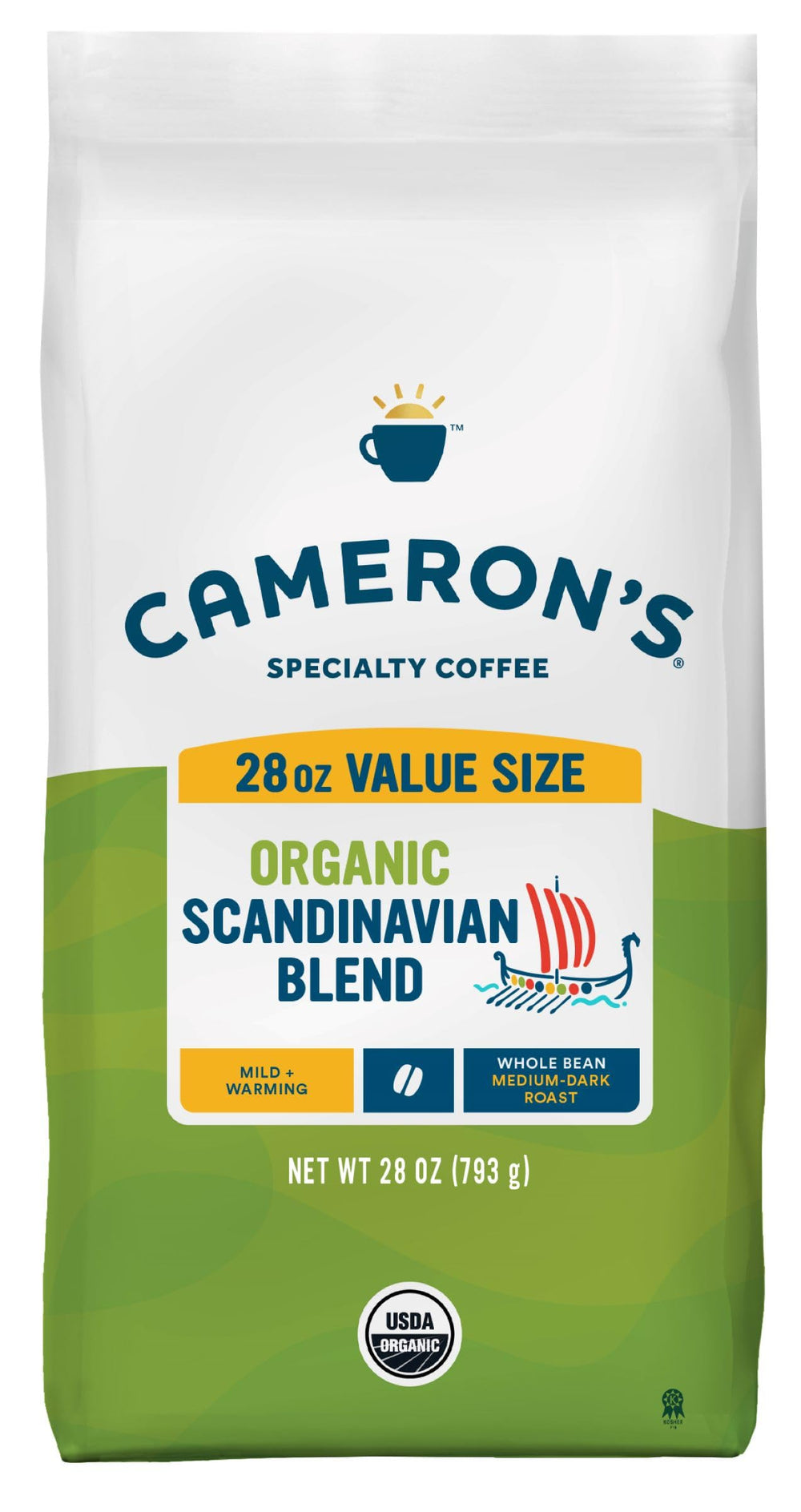Cameron's front packaging showing 28 oz bag and blend name for easy selection