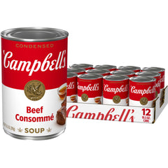 Campbell's can front view showing brand and beef consommé, convenient pantry staple