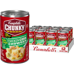 Campbell’s Chunky front can showing hearty chicken and corn, convenient meal option