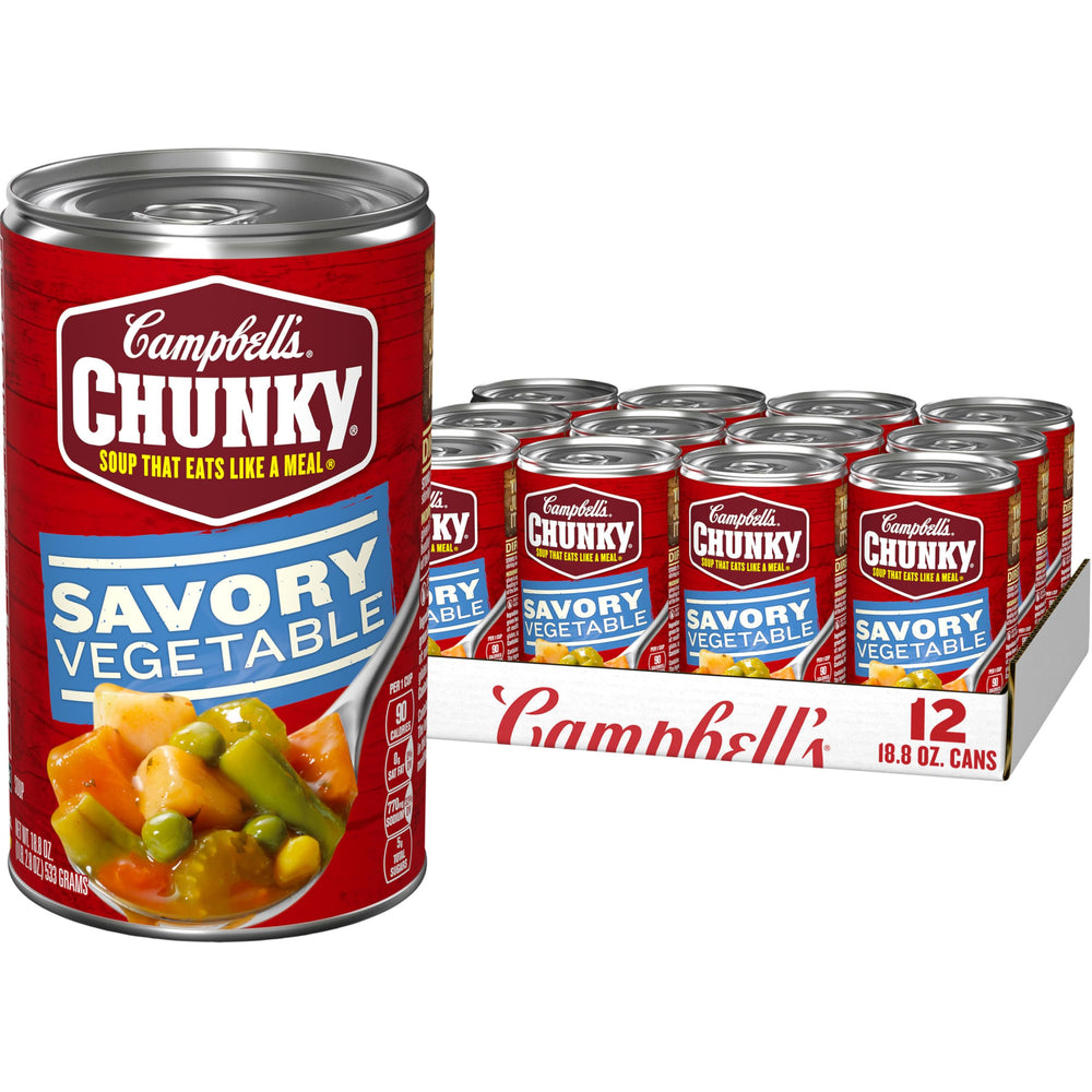 Campbell’s Chunky front can showing label and serving suggestion benefit: quick meal
