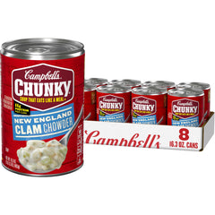 Campbell’s Chunky front of can showing label and chowder promise for quick meals