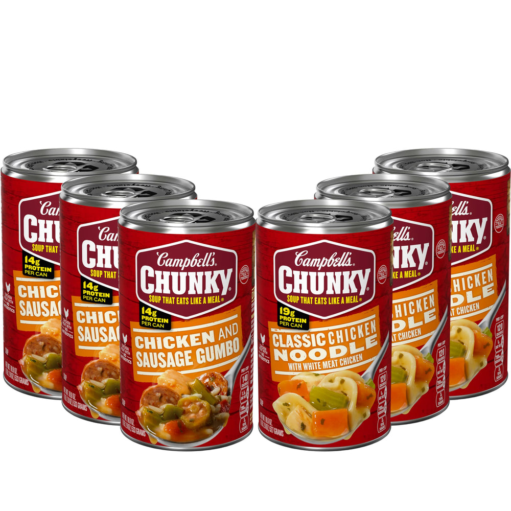 Campbell’s Chunky front packaging showing both soup varieties and case benefit