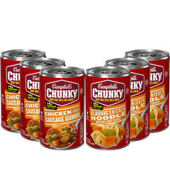 Campbell’s Chunky front packaging showing both soup varieties and case benefit