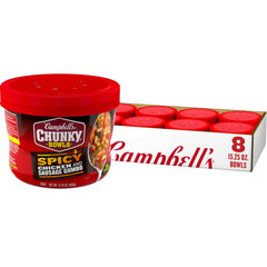 Campbell's Chunky front packaging showing gumbo bowl and branding benefit convenient heat-and-eat