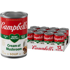 Campbell's front packaging of condensed Heart Healthy cream of mushroom soup, convenient pantry staple