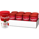 Campbell's creamy tomato front packaging showing cup and branding, clear portable benefit