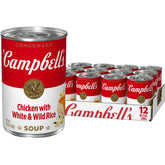 Campbell's front can chicken and rice showing branded label and serving suggestion benefit