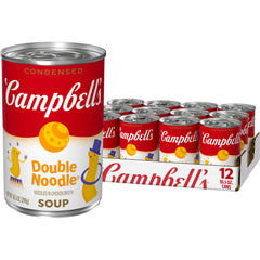 Campbell's front can label showing double noodle kids soup and easy serving