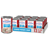 Campbell's front can showing loaded potato soup and serving suggestion benefit convenience