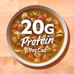Campbell's arranged ingredients—chicken, rotini, carrots, beans highlighting quality