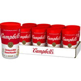 Campbell's front packaging showing eight microwavable chicken noodle cups for convenience