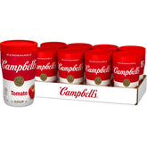 Campbell's front packaging showing eight microwavable tomato soup cups for convenience