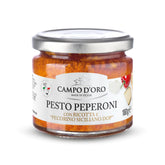 CAMPO D'ORO jar front label showing authentic Sicilian pepper pesto and benefits