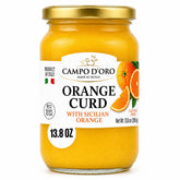 CAMPO D'ORO front jar showing label and natural orange curd, highlights authentic Italian quality