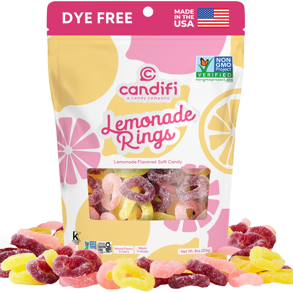 Candifi front packaging showing pink lemonade rings and resealable pouch benefit