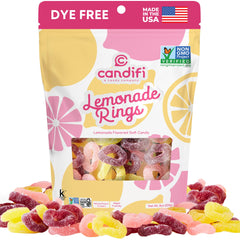 Candifi front packaging showing pink lemonade rings and resealable pouch benefit