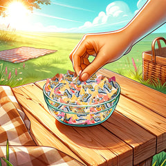 CANDY BREAK candies in a glass dish ready for guests and easy serving