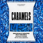 Candy Envy front of bag showing navy blue wrapped caramels and branding benefit