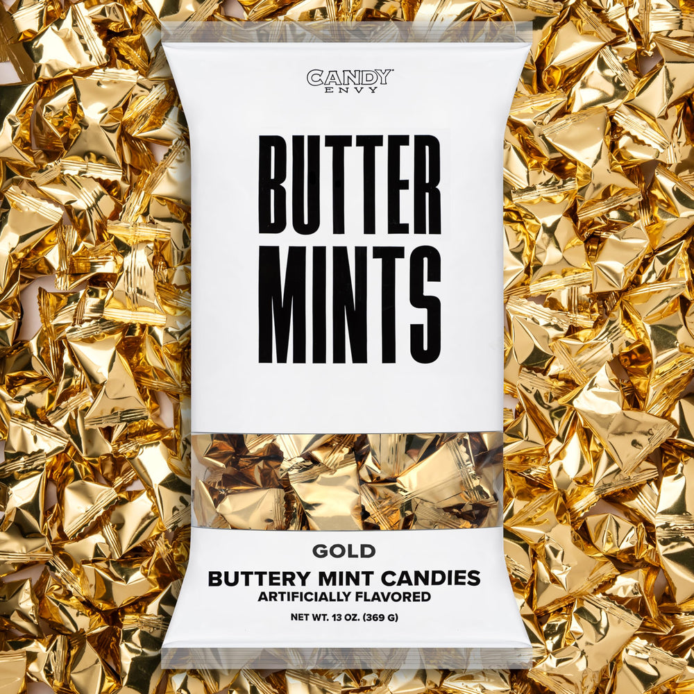 Candy Envy bag front view showing gold-wrapped buttermints and branding benefit presentation