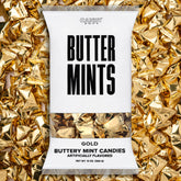 Candy Envy bag front view showing gold-wrapped buttermints and branding benefit presentation
