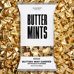 Candy Envy bag front view showing gold-wrapped buttermints and branding benefit presentation