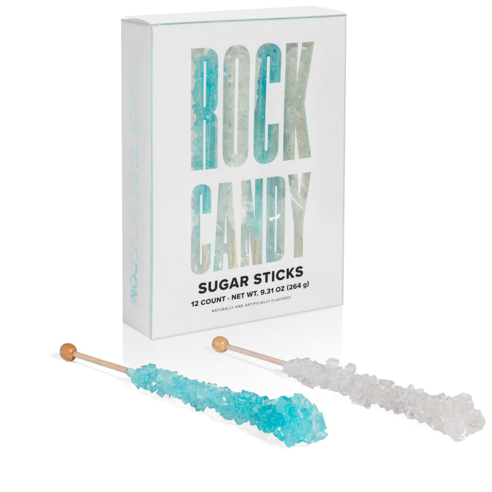Candy Envy front packaging showing 12 light blue and white sticks, great for events