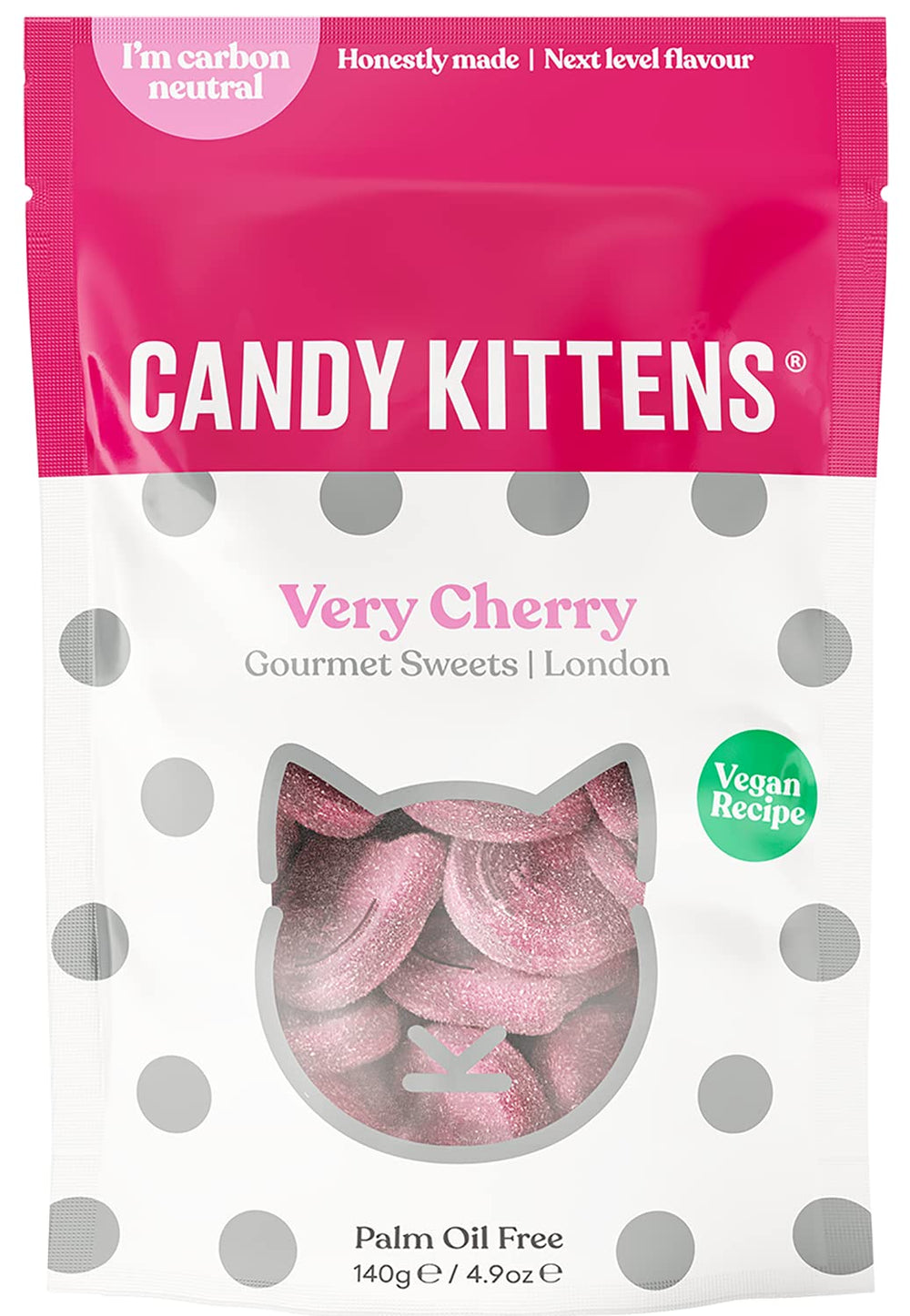 Candy Kittens front pack showing brand and cherry flavor, appealing shelf impact