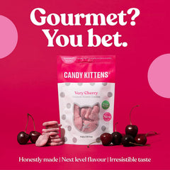 Candy Kittens open bag revealing soft cherry sweets, easy grab-and-go snack