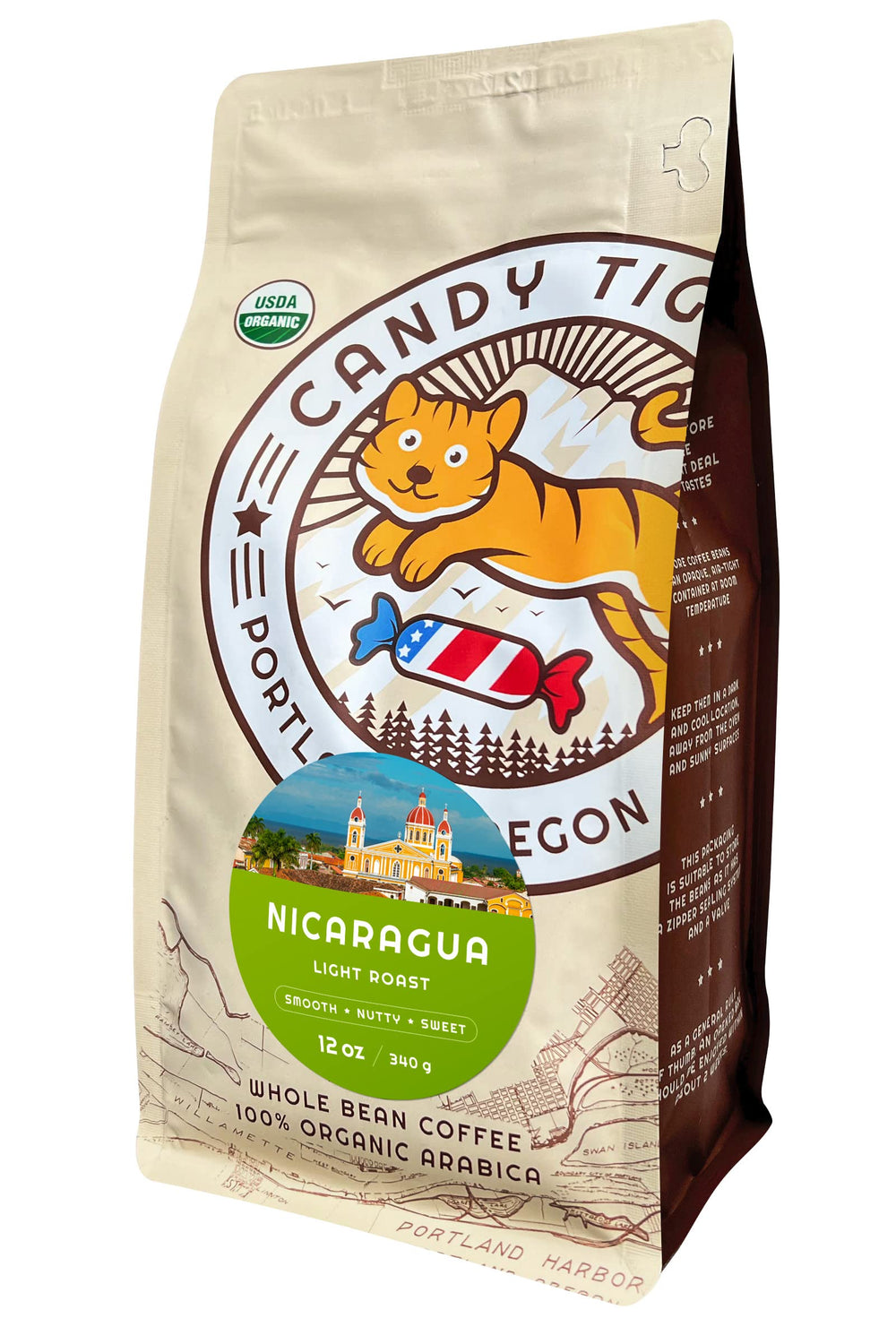 CANDY TIGER front packaging showing 12 oz bag and organic badge for freshness