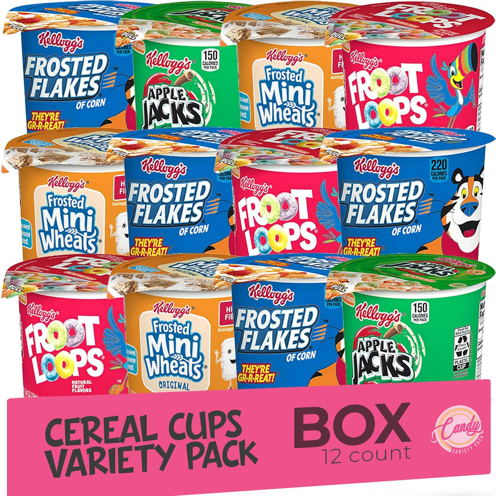 Candy Variety Pack front packaging showing 12 sealed cereal cups and included accessories benefits freshness