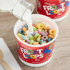 Candy Variety Pack open cup close-up showing cereal texture and sealed foil peel for freshness