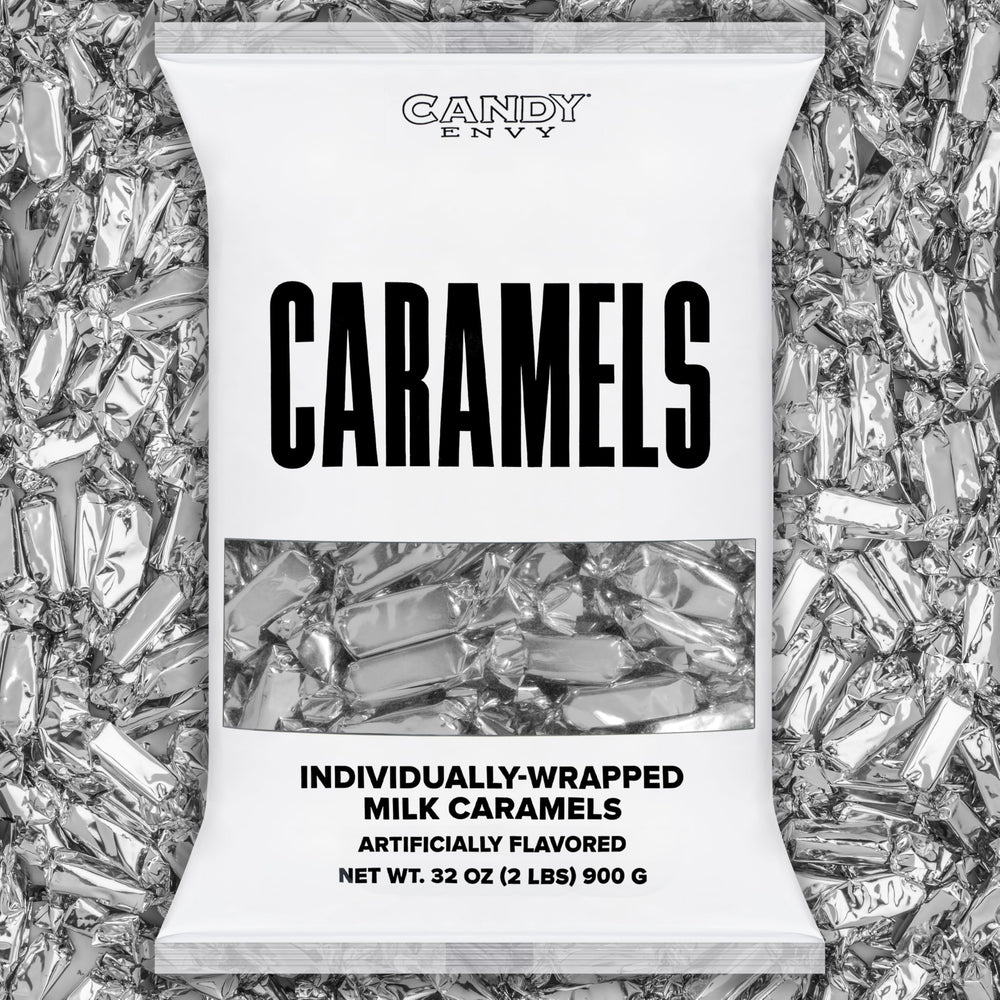 Candy Envy front of bag showing silver-wrapped caramels and bulk value