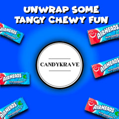CandyKrave Airheads unwrapped mini bar close-up highlighting chewy blue raspberry taste