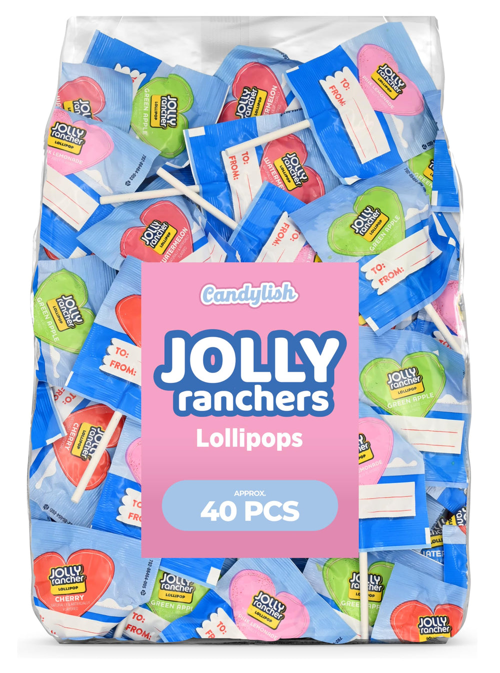 Candylish Jolly Ranchers front packaging showing 40-count bag and colorful hearts for easy party prep