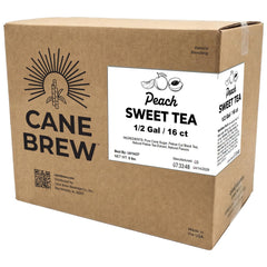 Cane Brew front packaging showing family-size peach sweet tea, convenient supply
