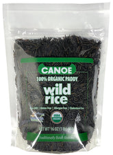 Canoe front packaging showing organic whole grain wild rice and labeling benefits
