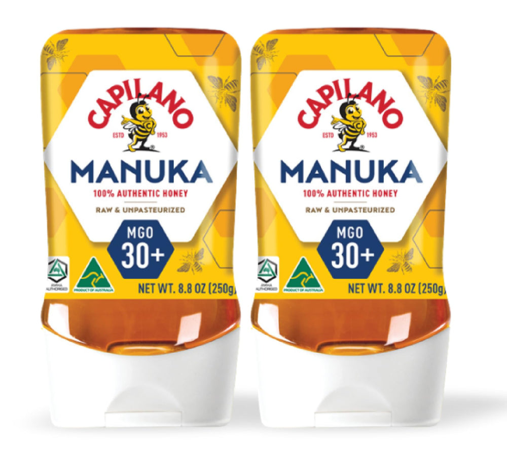 Capilano Manuka honey front packaging showing two 8.8 oz bottles and brand label for convenience