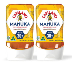 Capilano Manuka honey front packaging showing two 8.8 oz bottles and brand label for convenience
