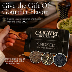 Caravel Gourmet open tin with six smoked salt tins displaying variety and convenience