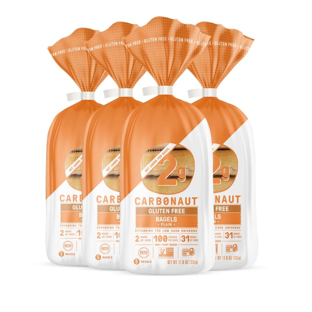 CARBONAUT front packaging showing plain keto gluten free bagels, easy storage benefit