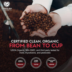 Cardiology Coffee bag label detail with testing seals and purity reassurance benefit