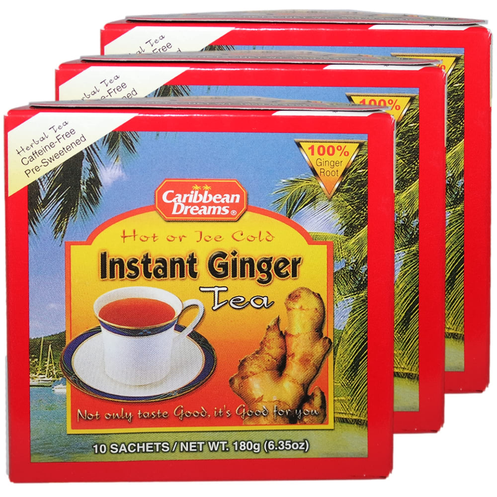 Caribbean Dreams front box showing 3-pack and 30 sachets, convenient instant ginger drink