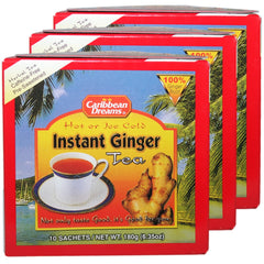 Caribbean Dreams front box showing 3-pack and 30 sachets, convenient instant ginger drink