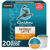 Caribou Coffee box front showing caramel oatmilk latte K-Cup pods and branding benefit convenience