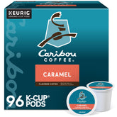 Caribou Coffee front packaging showing 96-count caramel K-Cups for convenient brewing