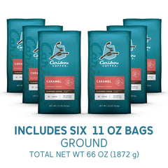 Caribou Coffee open bag with ground coffee ready to brew, convenience highlighted