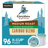 Caribou Coffee front packaging showing the 96-count decaf K-Cup pods and brand logo, highlighting convenience