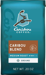 Caribou Coffee front packaging showing 20 oz bag and branding, highlights freshness
