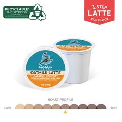 Oatmilk carton and caramel drizzle beside Caribou Coffee pods emphasizing plant-based creaminess